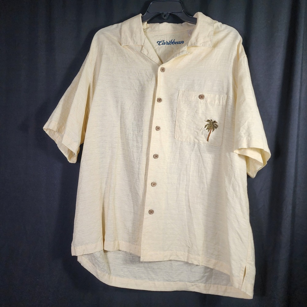 Caribbean Men Button Down Shirt Palm Tree Parrot Embroidered Silk Cotton Blend L